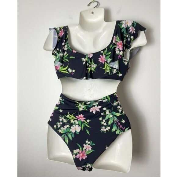 TiNi BiKiNi Black floral flounce high waisted 2 piece Xlarge bikini - Picture 4 of 16